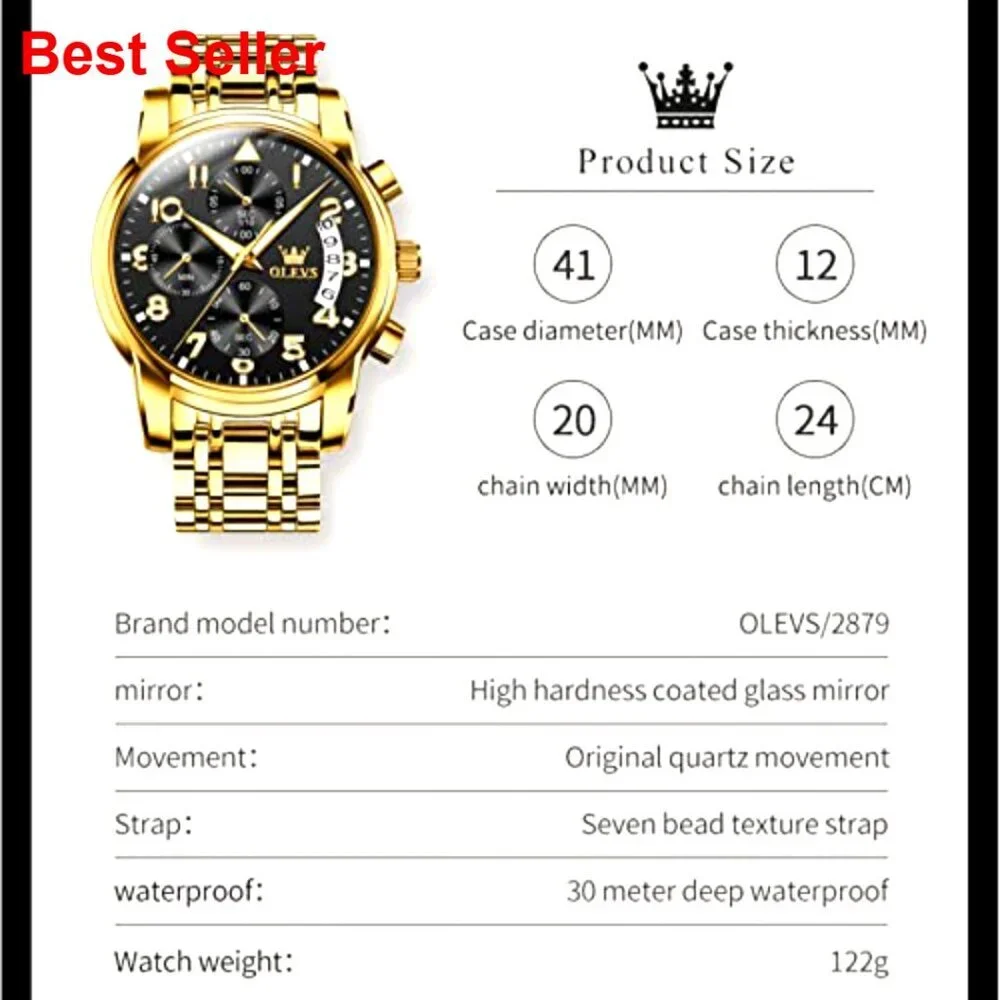 Stainless Steel Quartz Watch Waterproof Luminous Chronograph